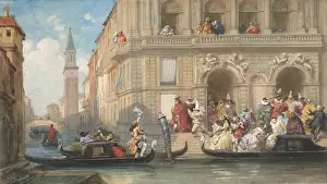 Lami: Masqueraders Boarding Gondolas before a Venetian Palazzo