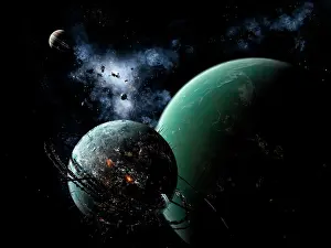 Planets: A massive space station orbits a large habitable moon