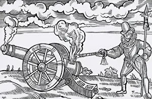 1590: Master gunner firing a cannon by applying fire