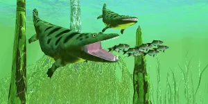 Perch: Mastodonsaurus reptiles chasing a school of lake perch