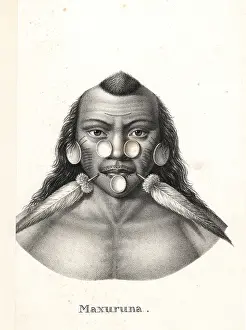 Schinz: Matses warrior with facial tattoos, shells and feathers