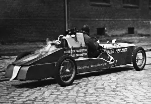 Mixture: Max Valier with the rocket car in Britz, 1930