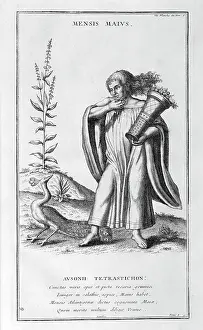 Represented: May, represented as a man carrying flowers. Illustration