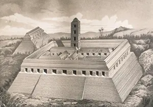 Palenque: Maya palace of Palenque. Engraving 19th c