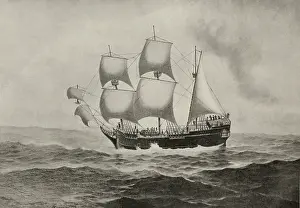 Offset: The Mayflower, sailing on the open sea, with