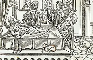 Medic: Medical History. Doctors with a patient. Engraving. 16th cen