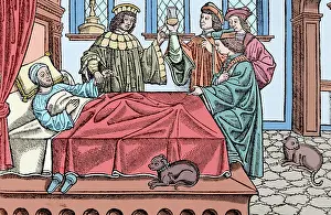 Medic: Medical History. Doctors with a patient. Engraving. 16th cen