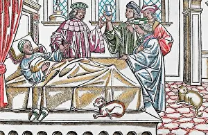 Medic: Medical History. Doctors with a patient. Engraving. 16th cen