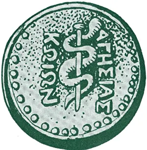 Asclepius: medicine, papers, rod of Asclepius, printed on