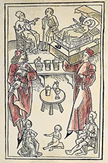 Hortus: medicine, physicians, lecturing physicians, woodcut