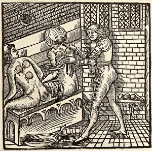 Cupping: medicine, treatment, fire cupping, woodcut, coloured