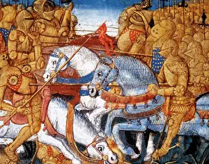 Horsemen: Medieval battle. Miniature. 15th century. Chateau of Chantil