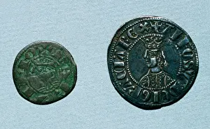Alfonso: Medieval coins. Left: Diner tern. Obverse. Alfonso III of Ar