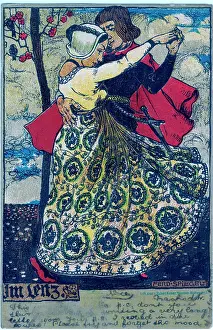 Ferd: Medieval dancing couple. Man in red cloak with dagger