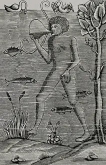 Breath: Medieval diver using bladder to breath. Engraving