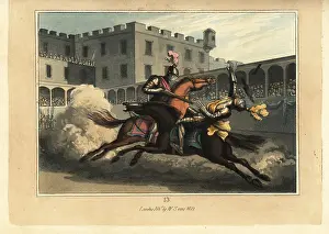 Tourney: Medieval knight defeating another knight at a joust