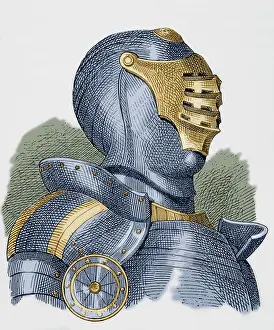 Colouration: Medieval Knight's helmet with visor. Engraving