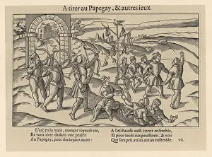 Dadresse: Medieval men playing the archery game of Popinjay