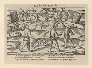 Handball: Medieval men playing ball games and archery in a park