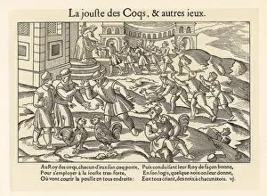Cockfighting: Medieval peasants watching a cockfight
