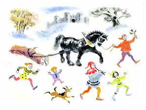 Dragging: Medieval scene of horse dragging Yule Log