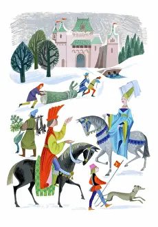 Dragging: Medieval snow scene with lady and gentleman