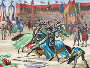 Pike: Medieval tournament. Colored engraving. 19th century