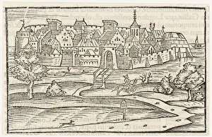 Drawbridge: Medieval walled city with moat and drawbridge