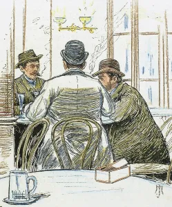 Snuff: Meeting in a tavern. Colored engraving, 1885