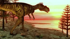 Megalosaurus: Megalosaurus dinosaur walking toward the ocean at sunset