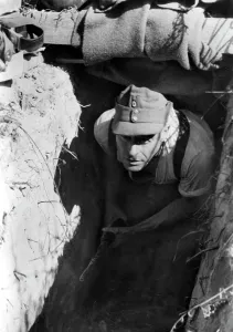Decline: A member of the Volkssturm in a trench on the Eastern front
