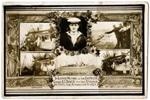 Drowned: Memorial postcard, Seaman E C Davis, HMS Badminton