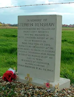 Ieper: Memorial to Pte Henshaw, Springfield Farm, Vancouver Corner