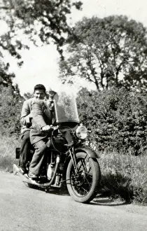 Pillion: Two men on 1935 Velocette motorcycle