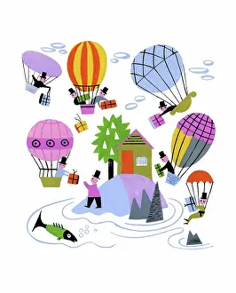 Esme: Men in balloons with presents