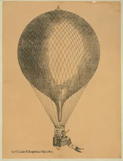 Balloonists: Three men in basket of ascending balloon with flag attached