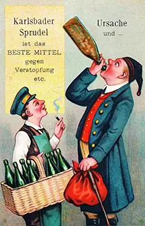 Laxative: Two men with bottles on a comic German greetings card