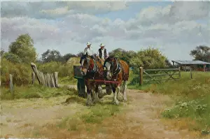 Two men on a cart pulled by two shire horses