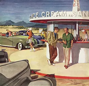 Restaurants: Two Men chat at Ice Cream Parlor at Beach