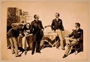 Ledgers: Men examining ledgers with two men to side, one wearing expr