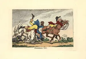 Miseries: Two men falling off their horses after showing off