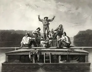 Caleb: Men on flatboat in river, playing musical ?