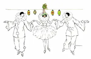 Pierrots: Two men and a girl dressed as pierrots