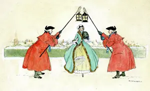 Coated: Two men holding lanterns over a lady