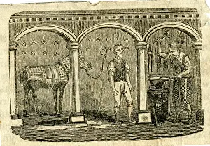 Blacksmith: Two men and a horse in a blacksmith's forge