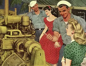 Impress: Two men impress two men by showing them an engine