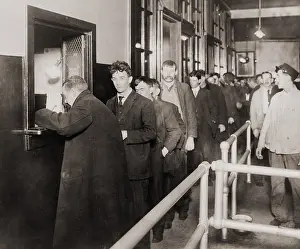 Depressions: Men in line to register at the six-story ?