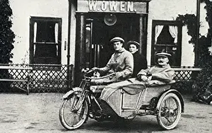 Merionethshire: Three men in a motorbike and sidecar