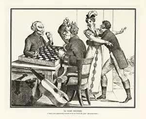 Checkerboard: Two men playing checkers at a table, Bourbon Restoration