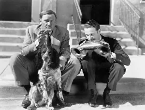 Curb: Two men playing two harmonicas with an English Setter